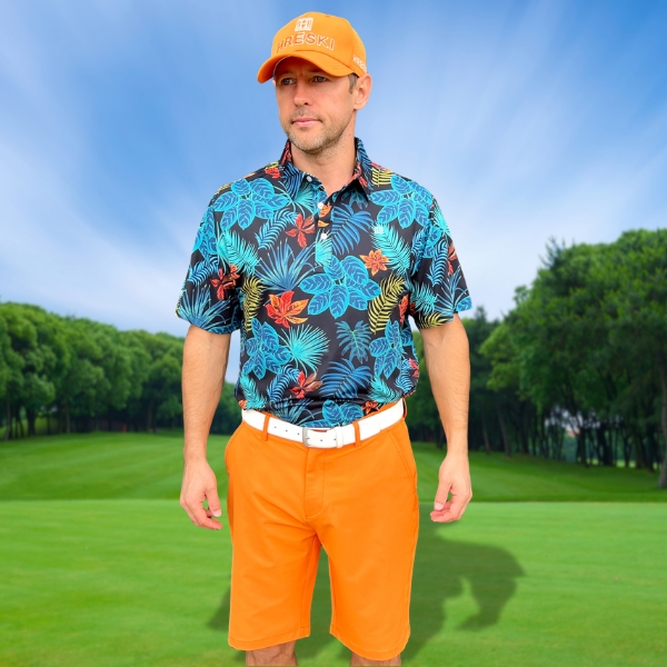 Alternative view of Teal Palm Leaves and Orange Flowers on Black Background Golf Shirt - Hreski 234