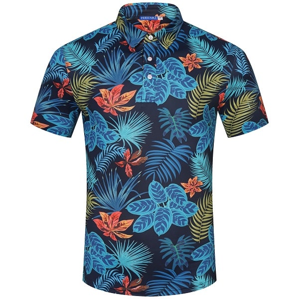 Teal Palm Leaves and Orange Flowers on Black Background Golf Shirt ...