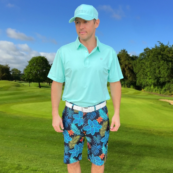 Alternative view of Teal Palm Leaves and Orange Flowers on Black Background Golf Shorts - Hreski 234