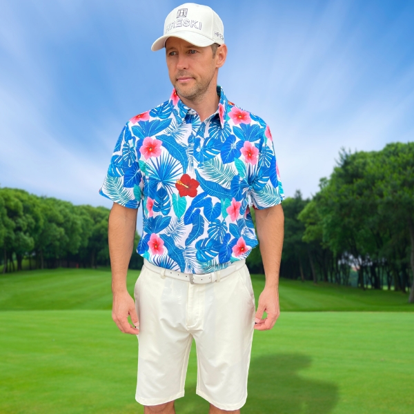 Assorted Teal Palm Leaves and Light Pink and Red Hibiscus Flowers Golf Shirt - Hreski 235 - Image 5