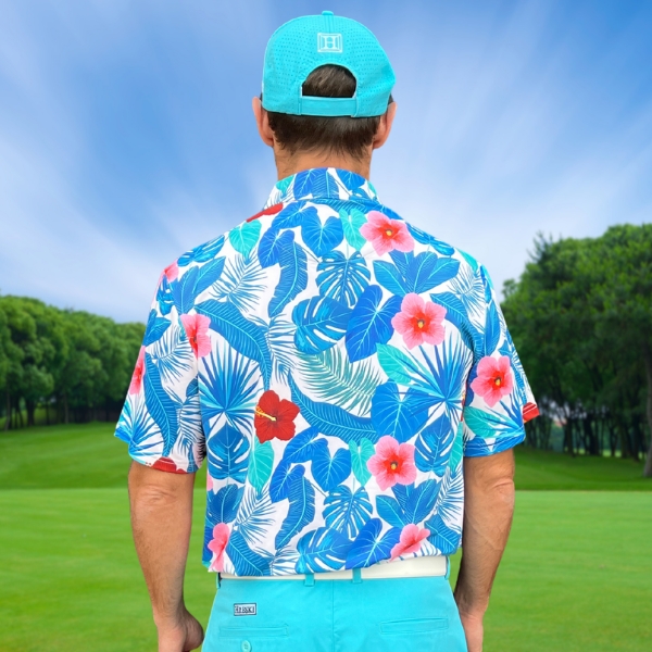 Assorted Teal Palm Leaves and Light Pink and Red Hibiscus Flowers Golf Shirt - Hreski 235 - Image 11