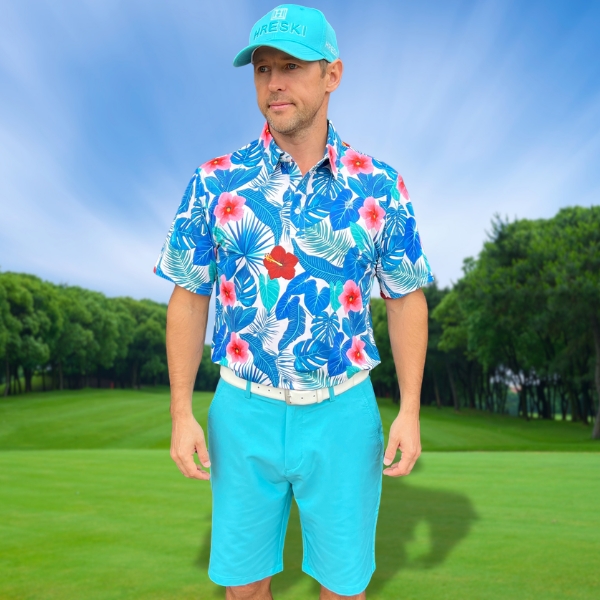 Assorted Teal Palm Leaves and Light Pink and Red Hibiscus Flowers Golf Shirt - Hreski 235 - Image 3