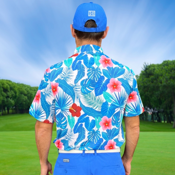 Assorted Teal Palm Leaves and Light Pink and Red Hibiscus Flowers Golf Shirt - Hreski 235 - Image 10