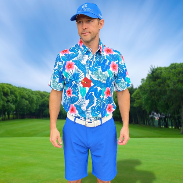 Assorted Teal Palm Leaves and Light Pink and Red Hibiscus Flowers Golf Shirt - Hreski 235 - Image 2