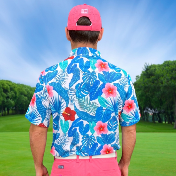 Assorted Teal Palm Leaves and Light Pink and Red Hibiscus Flowers Golf Shirt - Hreski 235 - Image 12
