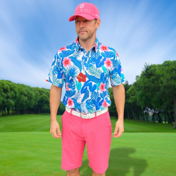 Assorted Teal Palm Leaves and Light Pink and Red Hibiscus Flowers Golf Shirt - Hreski 235 - Image 4