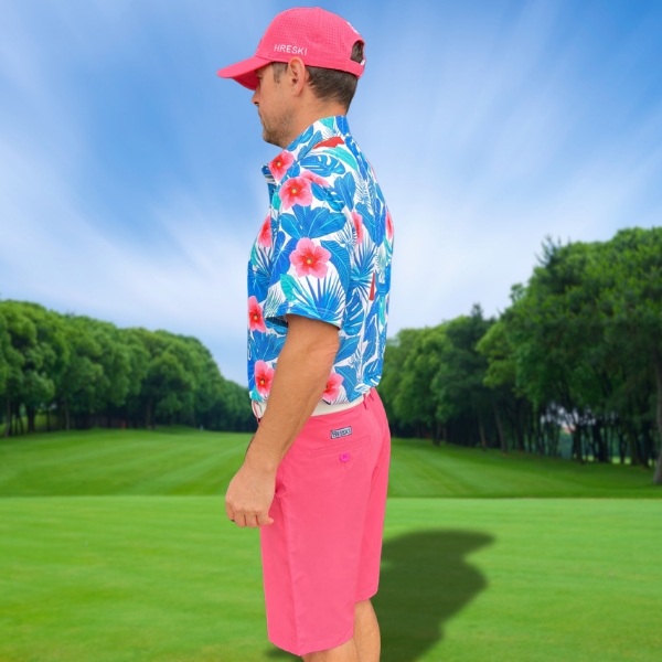 Assorted Teal Palm Leaves and Light Pink and Red Hibiscus Flowers Golf Shirt - Hreski 235 - Image 8