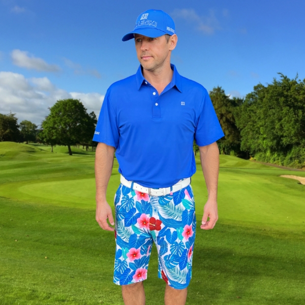 Alternative view of Assorted Teal Palm Leaves and Light Pink and Red Hibiscus Flowers Golf Shorts - Hreski 235