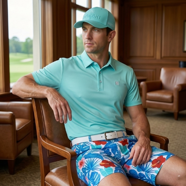 Alternative view of Assorted Teal Palm Leaves and Light Pink and Red Hibiscus Flowers Golf Shorts - Hreski 235