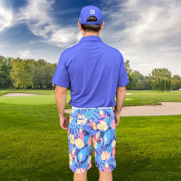 Yellow and Orange Tropical Flowers and Light Purple Palm Leaves on Dark Background Golf Shorts - Hreski 233 - Image 5