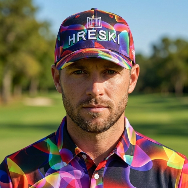 Alternative view of Colorful Neon Waves on Dark Background Design Golf Cap - Hreski 183