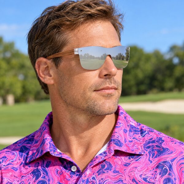 AI-generated on-person close-up of Hreski 1217 gray polarized sunglasses with wooden temples and pink patterned polo