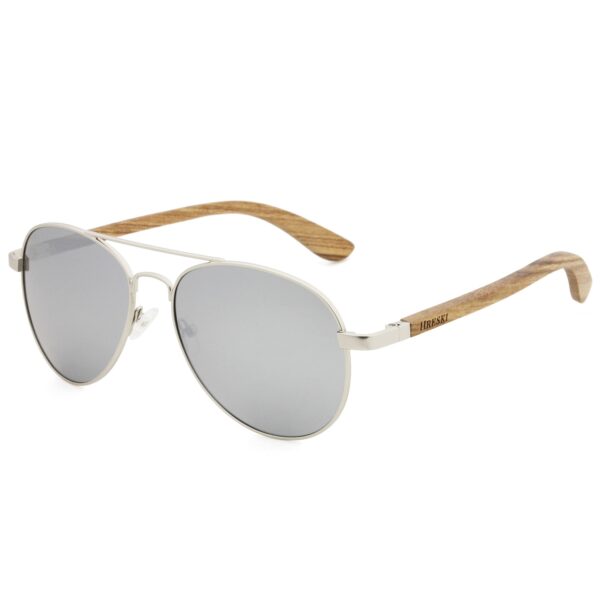 Aviator Frame, Polarized Silver Lenses, Wooden Temple Sunglasses - Hreski 1205