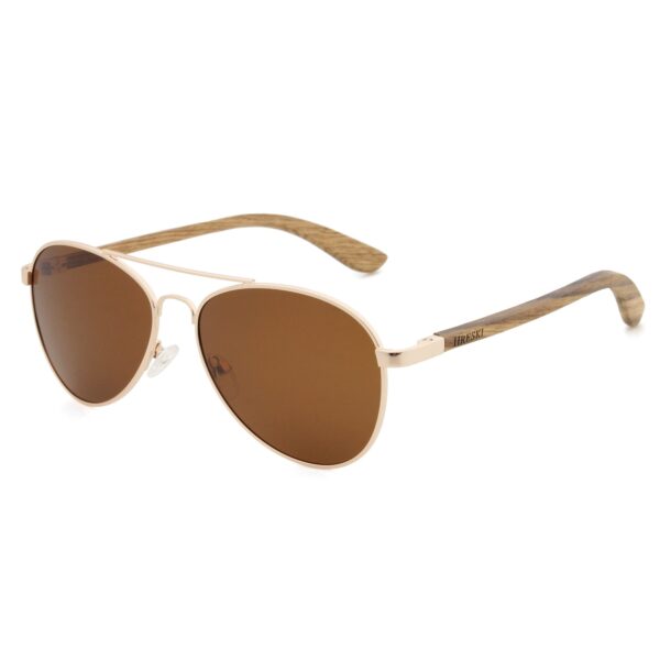 Aviator Frame, Polarized Brown Lenses, Wooden Temple Sunglasses - Hreski 1206