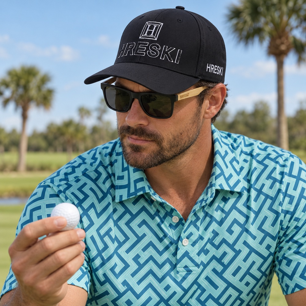 Man wearing Hreski 1208 sunglasses, a black Hreski cap with white outlined logo, and a patterned Hreski polo.