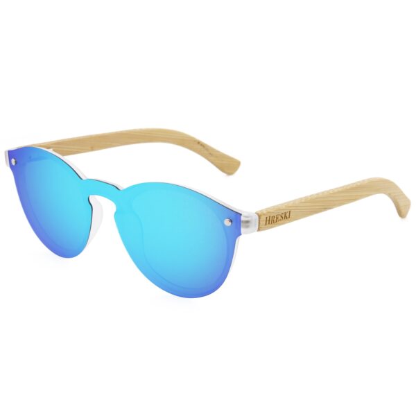 Round Frame, Polarized Icy Blue Lenses, Wooden Temple Sunglasses - Hreski 1210