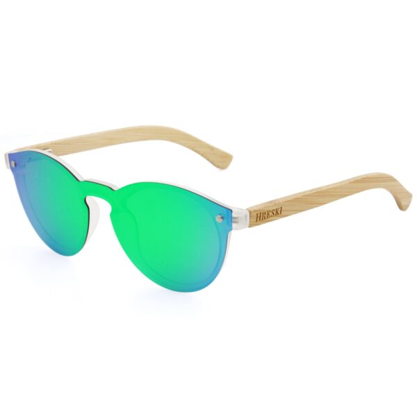 Round Frame, Polarized Green Lenses, Wooden Temple Sunglasses - Hreski 1212