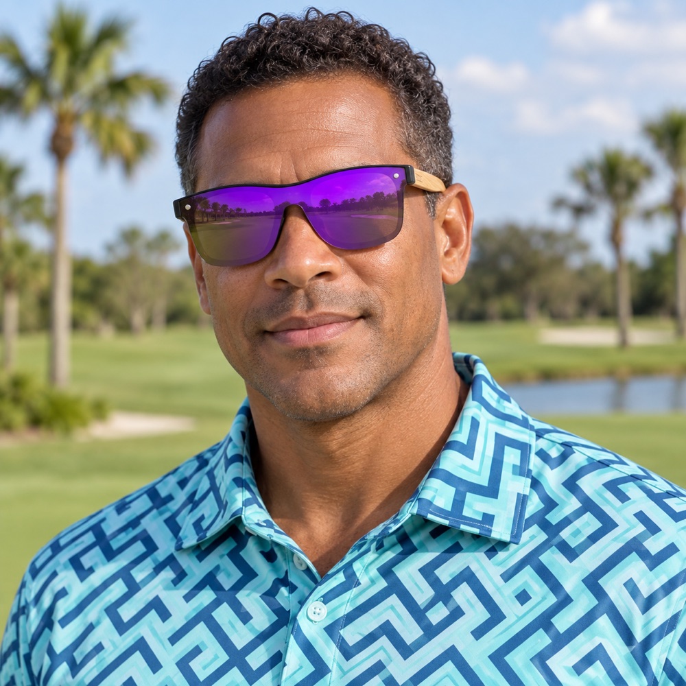 Square Frame, Polarized Purple Lenses, Wooden Temple Sunglasses - Hreski 1216 - Image 2