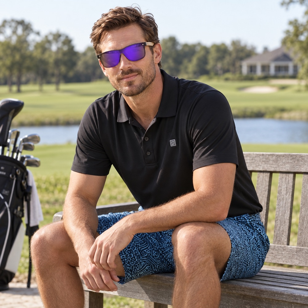 Square Frame, Polarized Purple Lenses, Wooden Temple Sunglasses - Hreski 1216 - Image 4