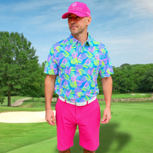 Alternative view of Pink and Fluorescent Green Brushstrokes on Light Blue Background Golf Shirt - Hreski 236
