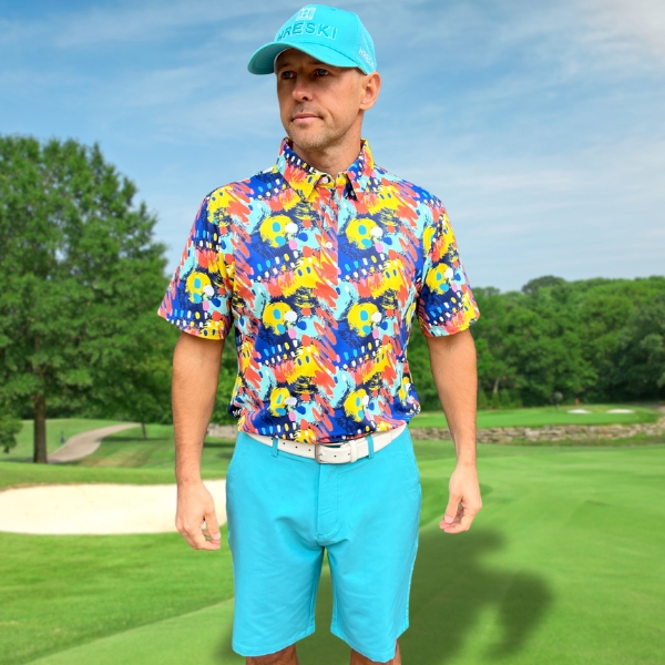 Alternative view of Mix of Blue, Yellow, and Orange Brushstroke Varieties Golf Shirt - Hreski 237