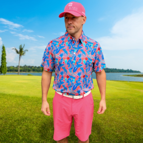 Alternative view of Various Teal Palm Leaves and Hibiscus Flowers on Coral Background Golf Shirt - Hreski 239