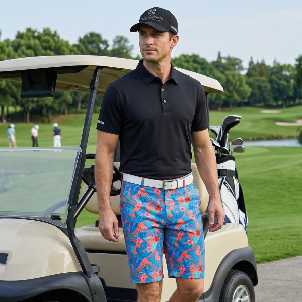 Various Teal Palm Leaves and Hibiscus Flowers on Coral Background Golf Shorts - Hreski 239 - Image 2