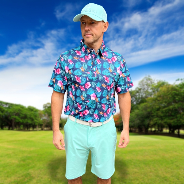Alternative view of Teal Palm Leaves, Pink Hibiscus, and Orange Bird of Paradise Flowers on Dark Background Golf Shirt - Hreski 241