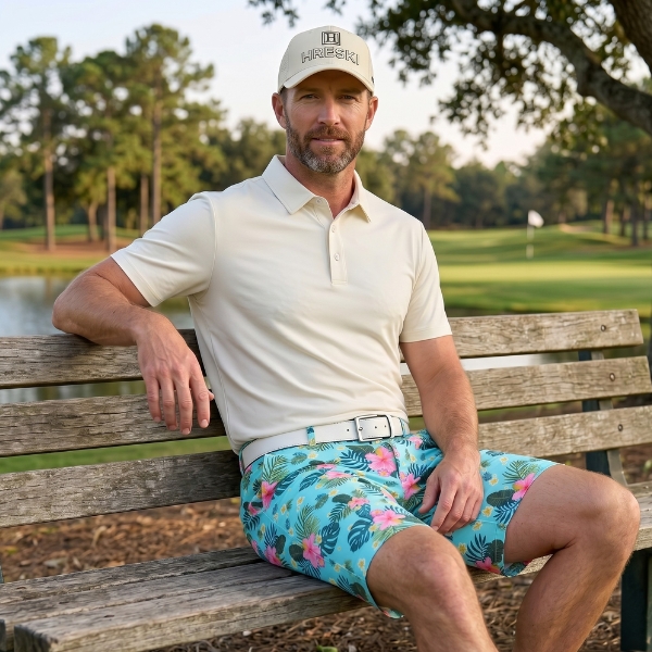 Alternative view of Tropical Flowers and Palm Leaves on Turquoise Background Golf Shorts - Hreski 243