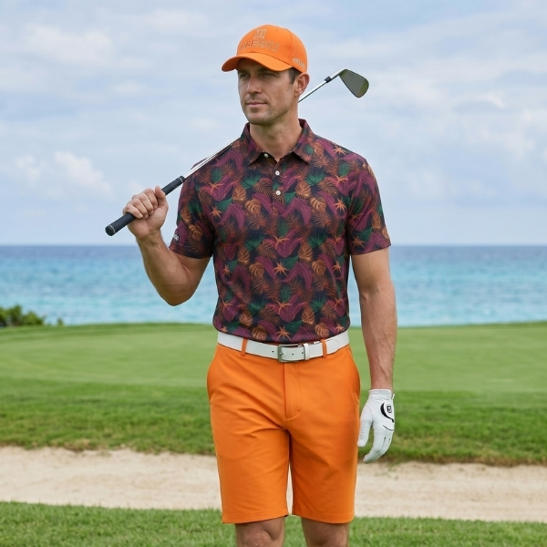 Assortment of Green, Maroon, Brown, and Orange Palm Leaves on Dark Background Golf Shirt - Hreski 244 - Image 2