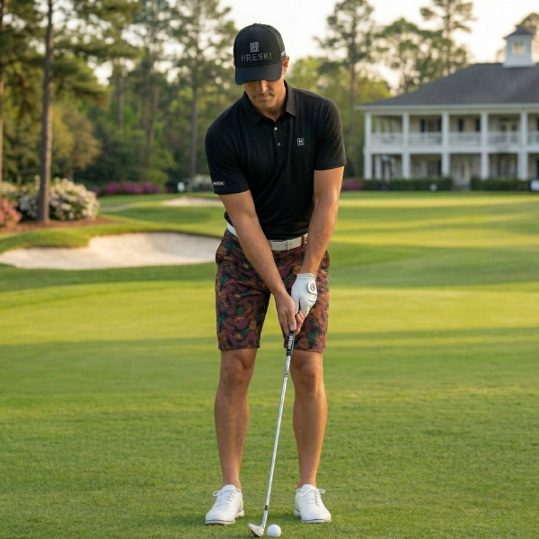 Alternative view of Assortment of Green, Maroon, Brown, and Orange Palm Leaves on Dark Background Golf Shorts - Hreski 244