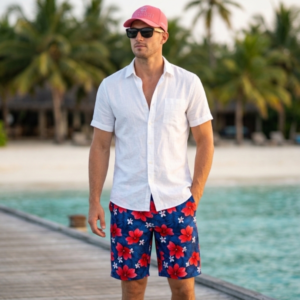 Alternative view of Red Hibiscus Flowers on Blue Palm Leaves Background Swimming Board Shorts - Hreski 181