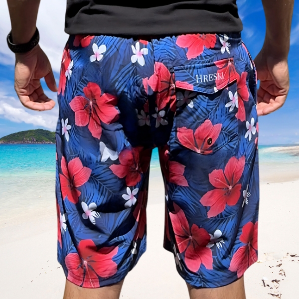 Red Hibiscus Flowers on Blue Palm Leaves Background Swimming Board Shorts - Hreski 181 - Image 3