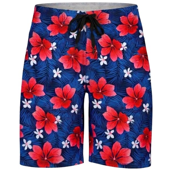 Red Hibiscus Flowers on Blue Palm Leaves Background Swimming Board Shorts - Hreski 181
