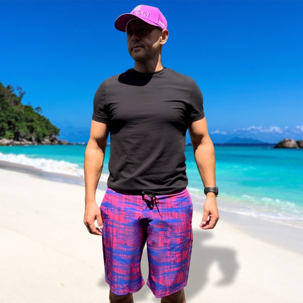 Blue Crossing Brushstrokes on Pink Canvas Swimming Board Shorts - Hreski 187