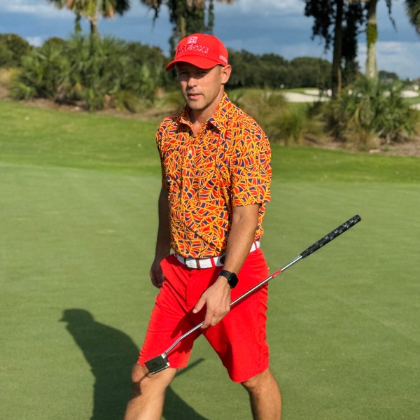 Alternative view of Fiery Gold, Red, and Blue Abstract Swirls Golf Shirt - Hreski 252