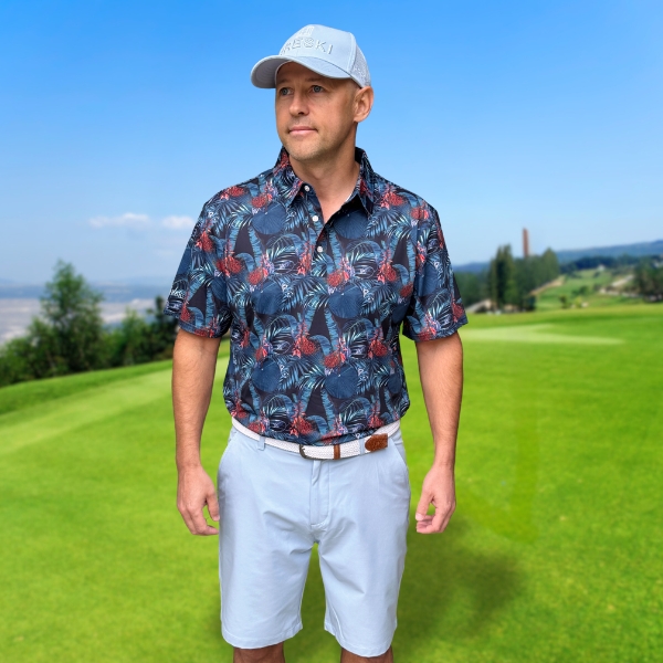 Alternative view of Midnight Tropical Bloom with Orange and Dark Blue Accents Golf Shirt - Hreski 245