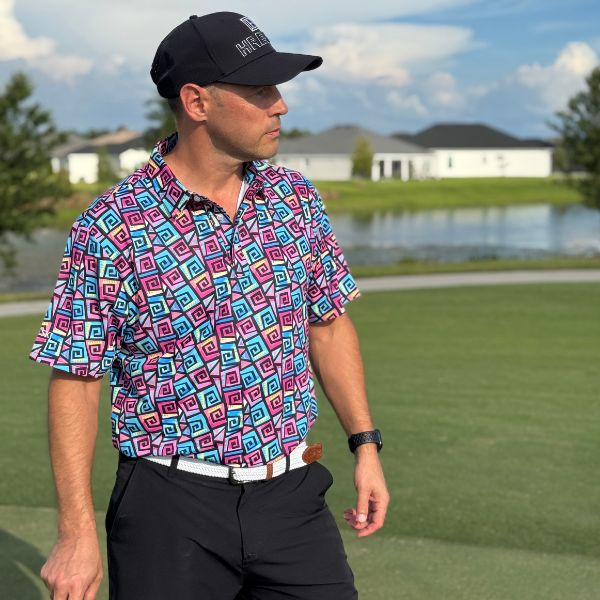 Alternative view of Hypnotic Maze in Teal, Pink, and Black Golf Shirt - Hreski 253