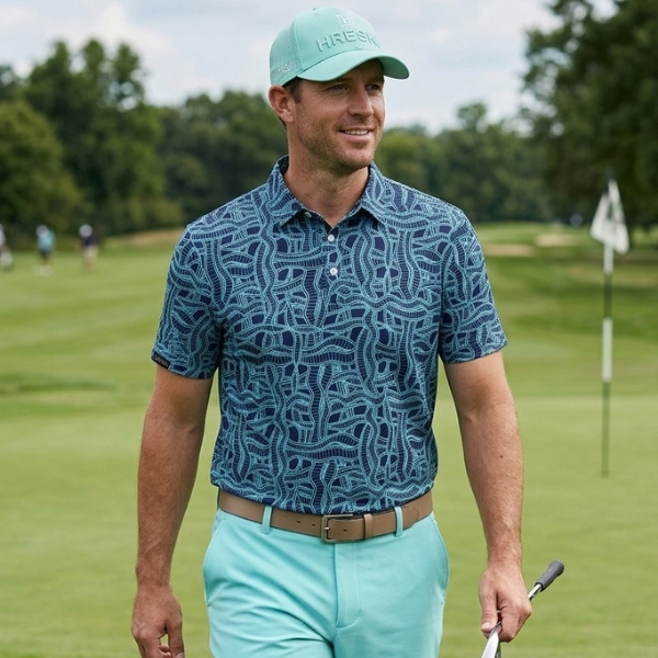 Alternative view of Urban Maze – Electric Pathways with Turquoise Ladder Patterns Golf Shirt - Hreski 266