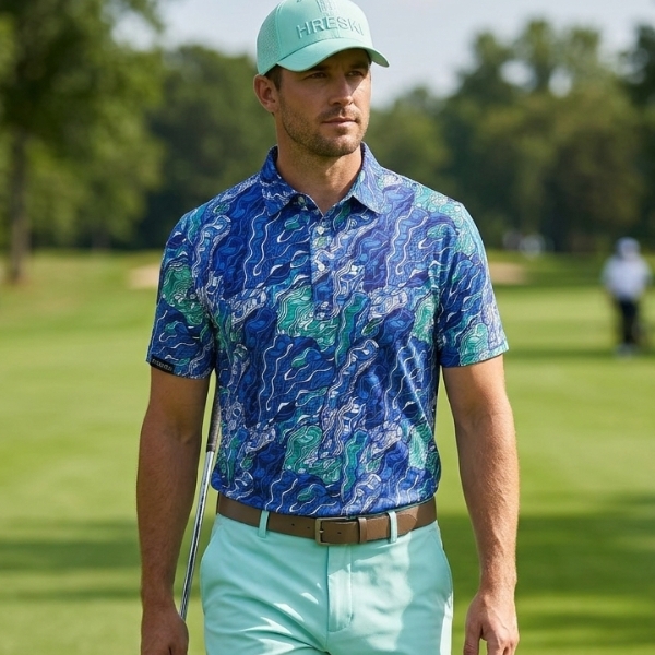 Alternative view of Aqua Terrain – Seagrass Drift with Blue-Green Wave Lines Golf Shirt - Hreski 267