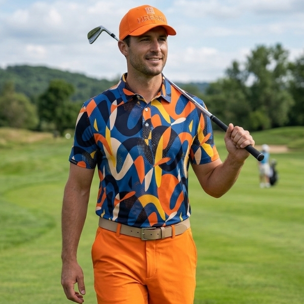 Alternative view of Heatwave – Ember Arcs with Orange, Navy & Yellow Flow Golf Shirt - Hreski 268