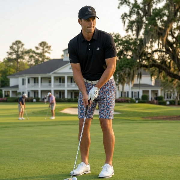 Alternative view of White and Blue Crosses with Orange and Yellow Diagonal Squares Golf Shorts - Hreski 224