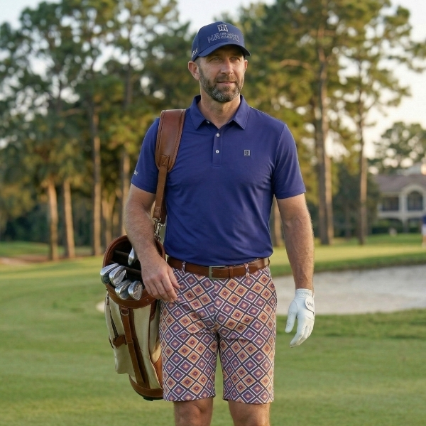 Alternative view of White, Purple, and Orange Diagonal Squares on Black Background Golf Shorts - Hreski 227